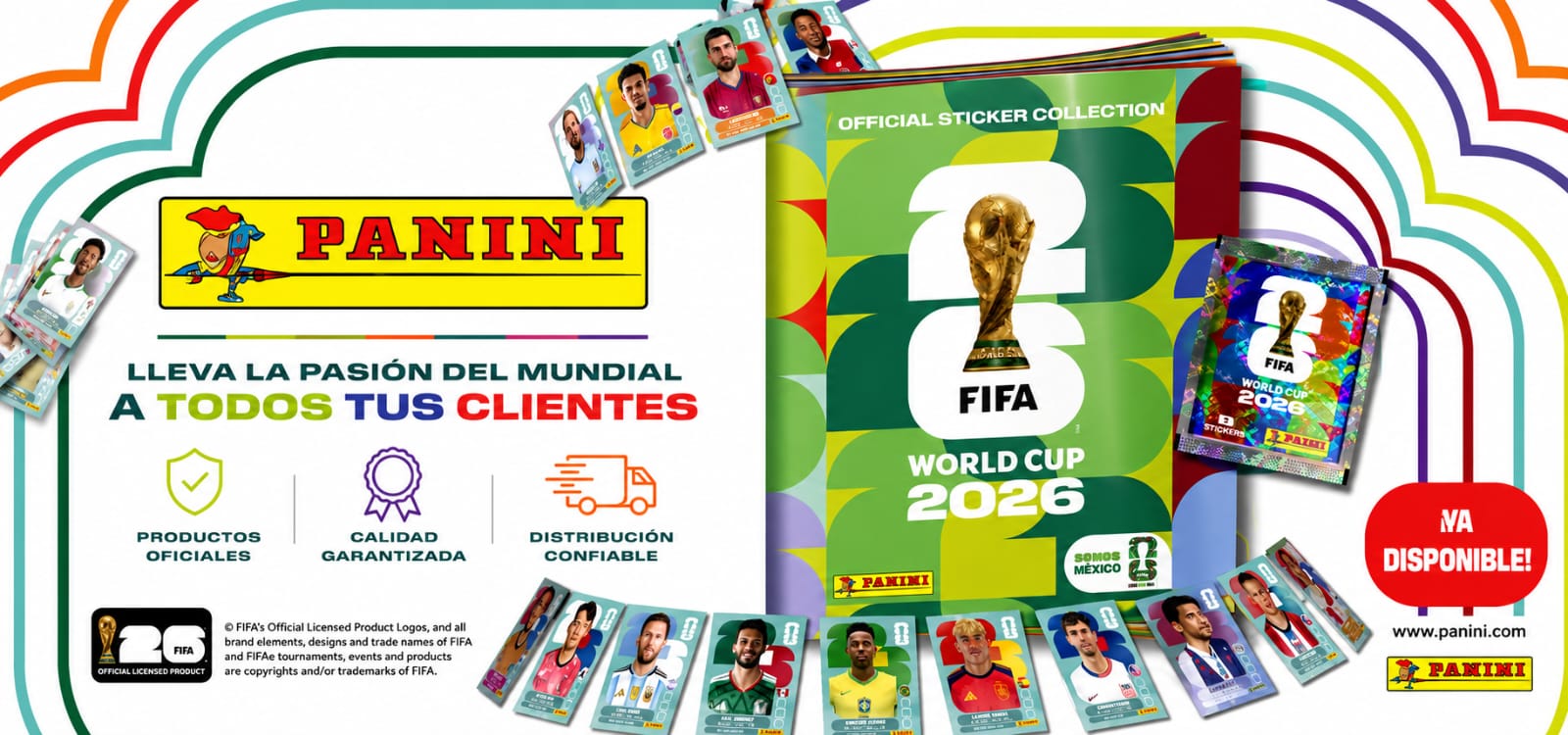 Álbum Panini Mundial 2026 con sobres, cromos, tarjetas y punto de venta